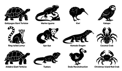 Endangered and Island Species Wildlife Icon Set with Galapagos Tortoise, Lemur, Komodo Dragon, Kiwi, and Rare Exotic Animals © Abddulah