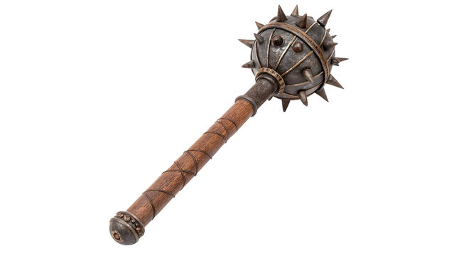 Medieval medieval iron mace weapon with sharp spikes on wood isolated on transparent background