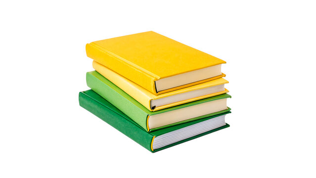 Stack of four colorful hardcover textbooks and educational notebooks isolated on transparent background