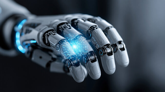 Close-up macro shot of futuristic robotic hand with glowing blue digital light representing advanced AI technology and innovation, artificial intelligence concept, robotics