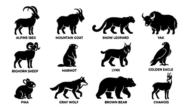 Alpine Mountain Wildlife Icon Set with Snow Leopard, Gray Wolf, Brown Bear, Ibex, and High Altitude Animal Silhouettes
