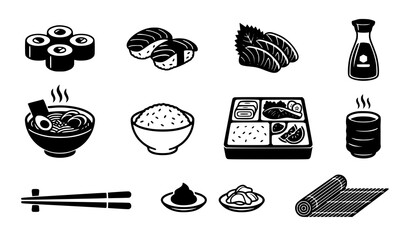 Japanese Cuisine and Sushi Restaurant Icon Set with Ramen, Nigiri, Maki, Bento Box, and Culinary Serving Tool Vector Illustrations © Abddulah