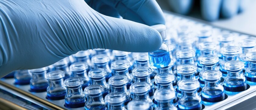 Close-up of a scientists gloved hands carefully handling vials of blue liquid in a laboratory setting.