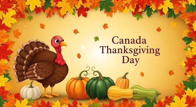 Happy Thanksgiving Cartoon style autumn harvest illustration with a friendly turkey and assorted pumpkins on a warm gradient background
