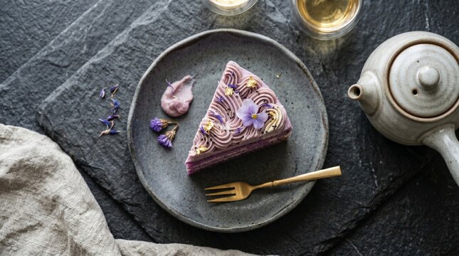 Sliced purple cake on dark plate with tea set.