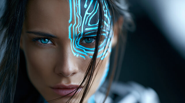 Closeup portrait of female cyborg with half-human half-machine face glowing blue circuitry and dark hair in futuristic setting, artificial intelligence concept, technology