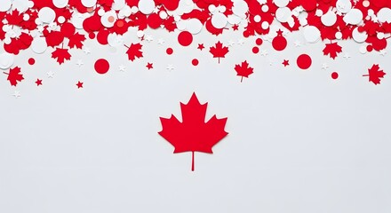 Fototapeta premium Happy Thanksgiving Minimalist red maple leaf cutout with festive circular paper confetti on white background for clean seasonal graphic design