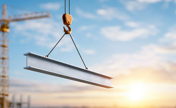 Construction crane hoisting a large metal beam against a bright dawn sky