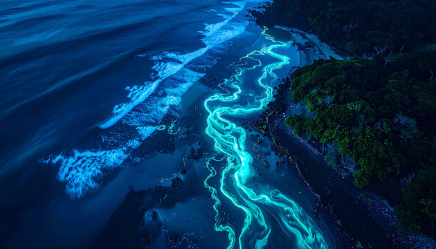 Abstrakte Luftaufnahme von oben auf eine biolumineszierende K&uuml;stenstr&ouml;mung, sanft leuchtende neon-cyanfarbene Wasserlinien im Kontrast zu tiefem mitternachtsblauem Ozean