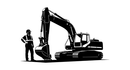 Excavator And Construction Worker Silhouette Against White Background © sakib
