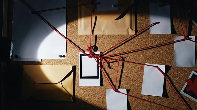 Investigation Board Displaying Blank White Sheets And Red String Connections On A Cork Wall ? Aerial View For Analysis And Mystery Concepts