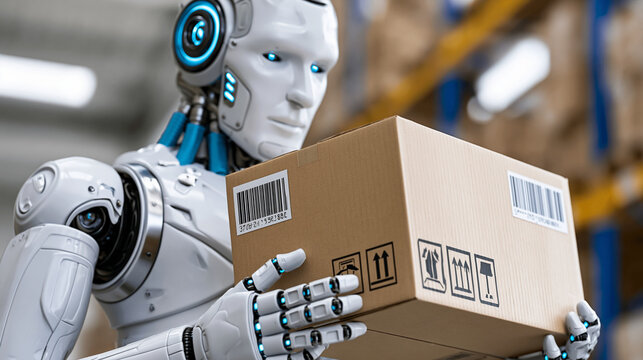 Close-up of humanoid robot handling boxes efficiently in modern warehouse environment, logistics automation concept, warehouse robotics photography, blurred warehouse background,