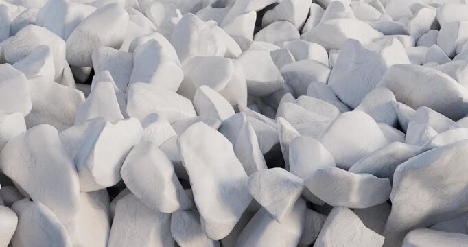 3D animation of the rough texture of a pile of mixing large pieces of limestone or chalk in bright white color. The flow of uneven chipped stone faces with deep shadows is an expressive three-dimensio