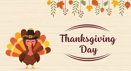 Naklejka premium Happy Thanksgiving Cute cartoon turkey wearing pilgrim hat on rustic wooden plank background with autumn leaves and seasonal berries border