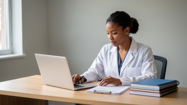 diverse young female doctor reviewing documents at modern wooden desk with laptop soft natural light for corporate healthcare marketing