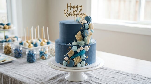 Elegant Blue Birthday Cake with Gold Topper and Decorations.