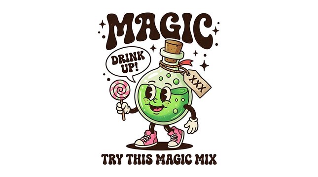 Vintage cartoon potion bottle mascot holding a lollipop with character, lollipop