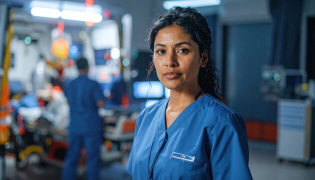 Focused Nurse in Blue Scrubs at Busy Hospital Emergency Room