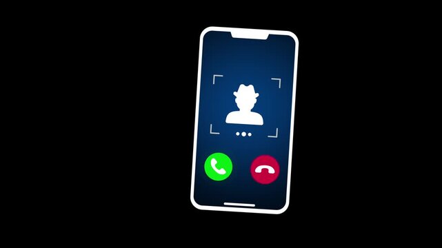 Animated smart phone with anonymous caller silhouette in hat on screen. Incoming unknown call with flashing green answer and red decline buttons on black