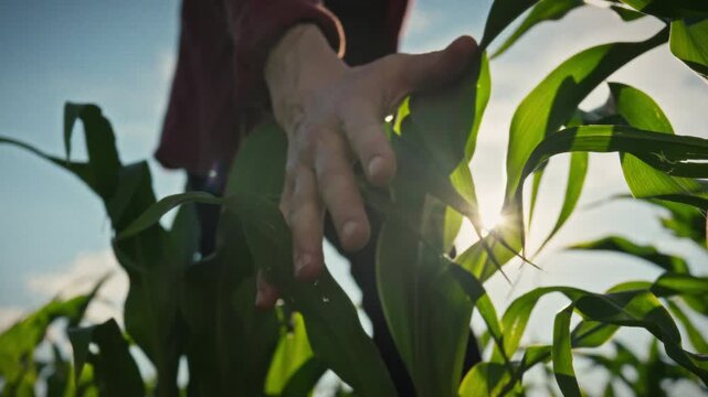 A farmer walks through a corn field, running his hand over leaves in slow motion. Bright sunlight breaks through the greenery. Conceptually, this image depicts professional agribusiness and farming