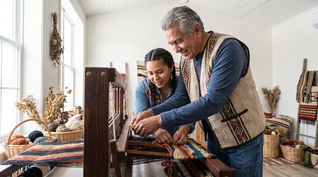 Father and daughter weaving a colorful textile on a loom indoors
