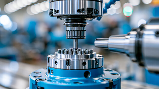 Intricate precision machinery working on tiny threaded metal components in close-up industrial manufacturing scene, precision engineering concept, industrial photography, blurred