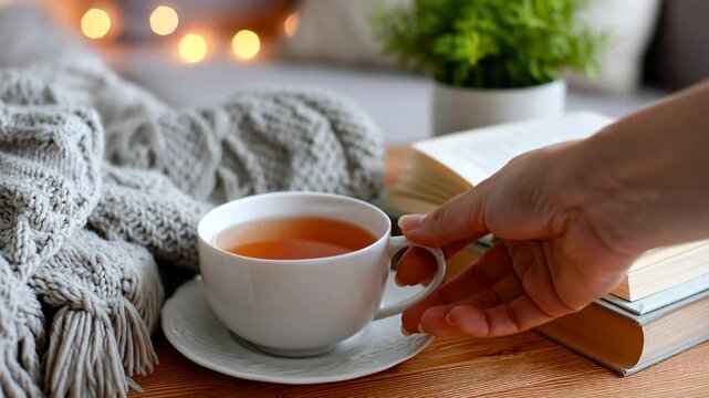Hand takes tea cup from a cozy table with a plant and open book Generative AI