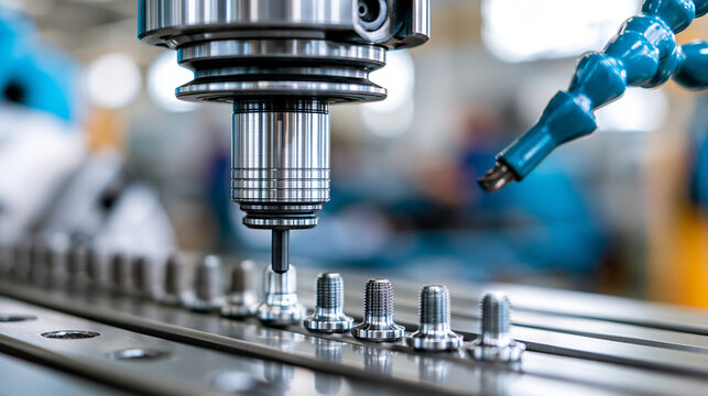 Intricate precision machinery working on tiny threaded metal components in close-up industrial manufacturing scene, precision engineering concept, industrial photography, blurred