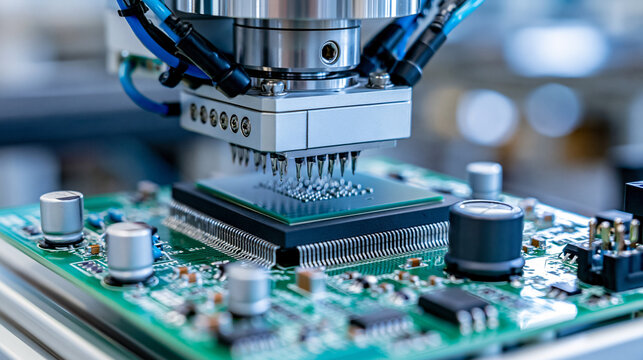 Circuit board with advanced microchip on fully automated PCB assembly line at electronics manufacturing facility, electronic production concept, manufacturing photography, blurred