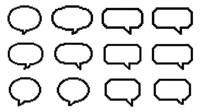 Pixel art cloud speech bubble vector, 8 bit comic text boxes, retro game dialogue, chat and thought bubbles isolated on white background.
