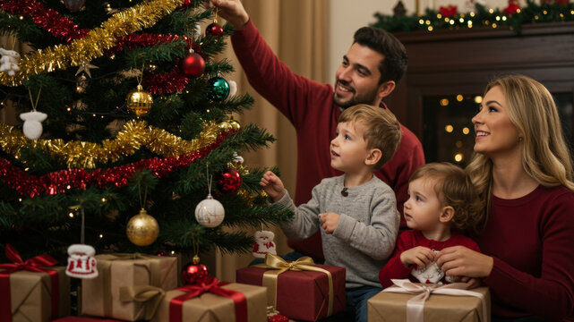 Happy family decorating Christmas tree with ornaments. Caucasian man, woman, and two kids preparing for Holiday season. Winter tradition concept.