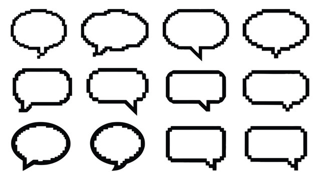 Pixel art cloud speech bubble vector, 8 bit comic text boxes, retro game dialogue, chat and thought bubbles isolated on white background.