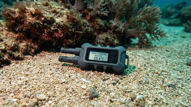 Scientific Underwater Data Logger Measuring Ocean Temperature on Sandy Seabed Near Coral Reef