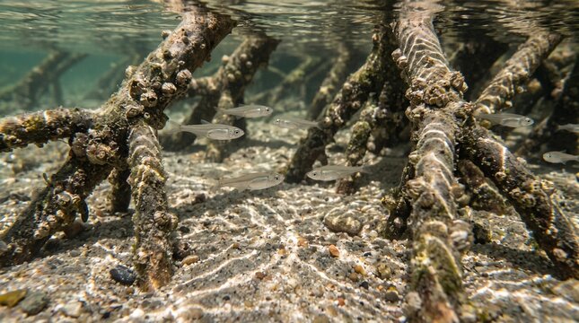 Small Fish Swimming Among Mangrove Roots in Shallow Coastal Water Ecosystem