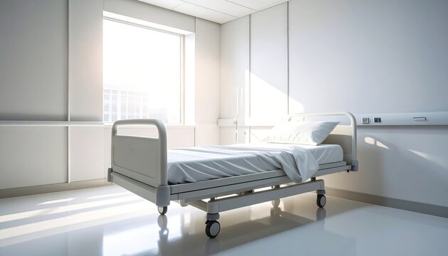Empty hospital bed with crisp white linens in a bright room