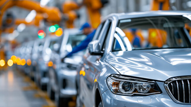 Busy automotive production line with robots and human workers coordinating on car assembly with polished car bodies gleaming on conveyor, manufacturing teamwork concept,