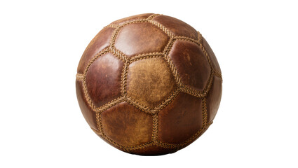 Isolated vintage leather soccer ball with braided seams, retro sports equipment, old football © Conor