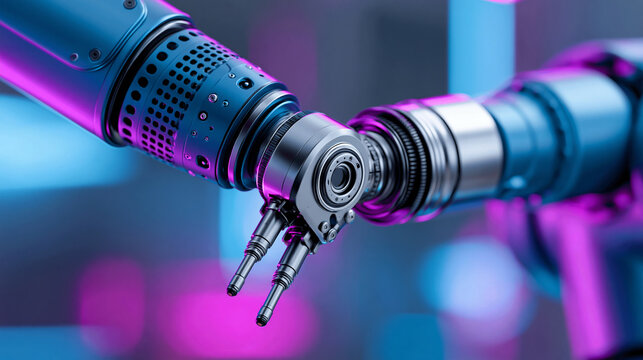 Close-up shot of metallic robotic arm illuminated by vibrant blue and purple neon light in industrial setting, futuristic technology concept, robotics photography, blurred neon