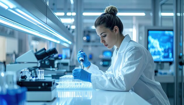 Focused scientist in laboratory conducting precise liquid transfer with pipette into test tubes