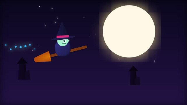 Animated Witch Flying on Broomstick Past Full Moon Night Sky Illustration.