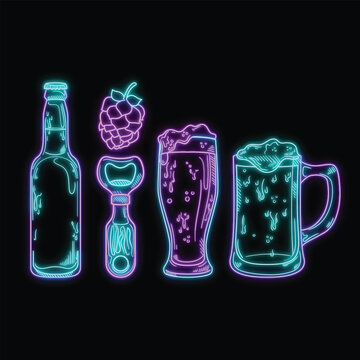 Neon glowing craft beer and brewery element icon set with mug glass bottle and hops