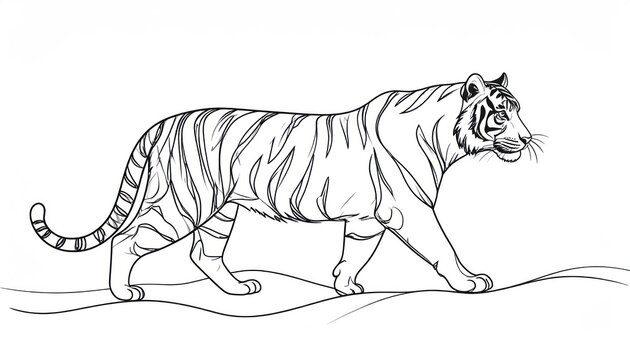 Majestic graphic tiger illustration in a walking pose showcasing detailed black and white line art with intricate stripes against a simple background.