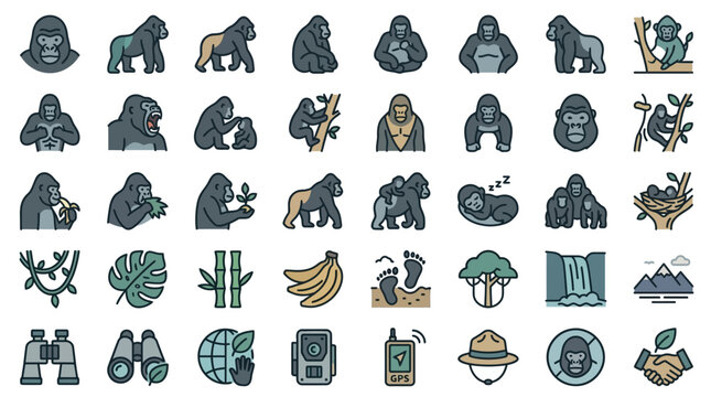 Gorilla and jungle safari icon set with wildlife conservation elements