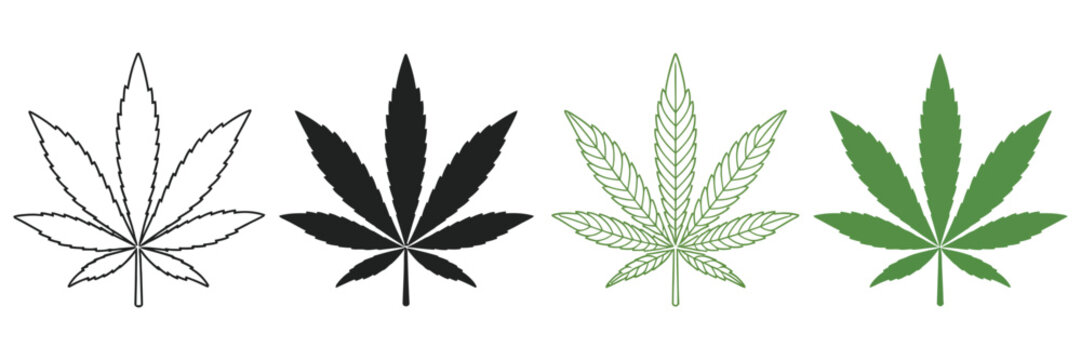 Cannabis leaf line and solid icons, black and green botanical marijuana symbol vector illustration for branding, packaging and graphic design.