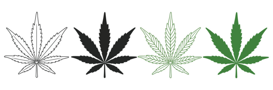 Cannabis leaf line and solid icons, black and green botanical marijuana symbol vector illustration for branding, packaging and graphic design.