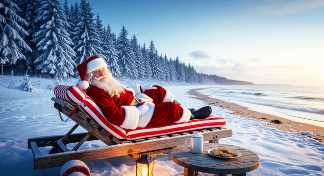 Santa claus relaxing on a beach in snowy winter landscape. Christmas holiday relaxation concept for greeting card and seasonal promotion.