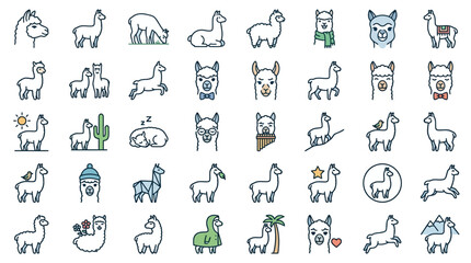 Naklejka premium Llama and Alpaca Icon Set: Cute Animals with Various Activities