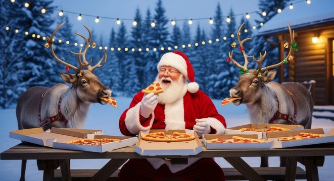 Santa man and two reindeer eating pizza at a picnic table in a snowy winter landscape. Fun Christmas feast concept for holiday promotions.