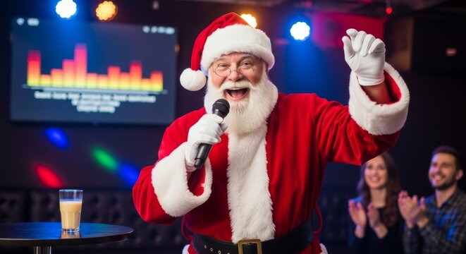 Santa Claus singing karaoke with a microphone in an entertainment club. Christmas party fun and festive holiday celebration concept.