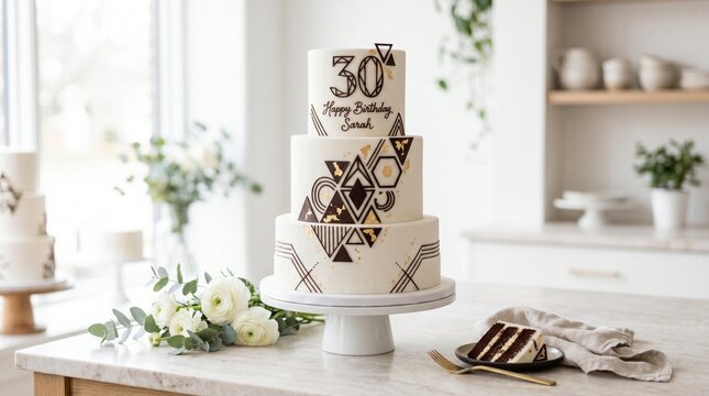 Elegant tiered anniversary cake with gold geometric design.